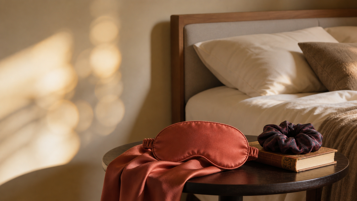 Chambre moderne avec un chouchou en soie bordeaux et un masque de sommeil en soie terracotta posés sur une table de chevet