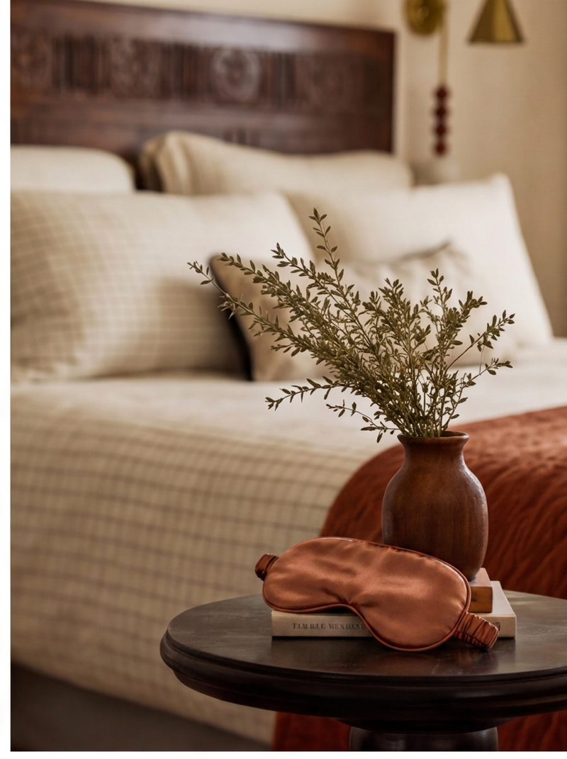 Masque terracotta sur une table de chevet